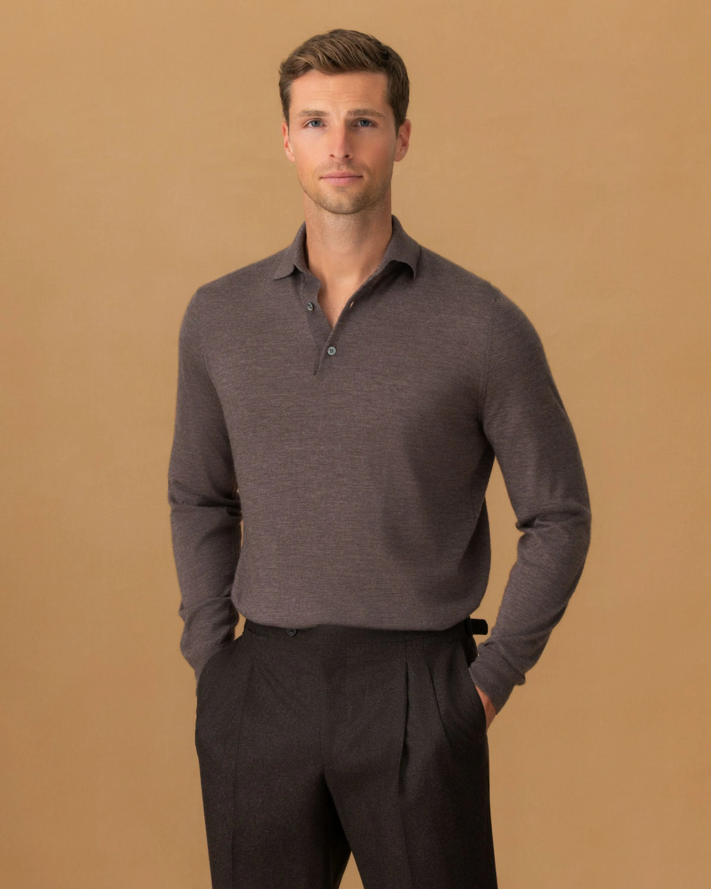 Cashmere Silk Extrafine Long Sleeve Polo Shirt Soft Stretch