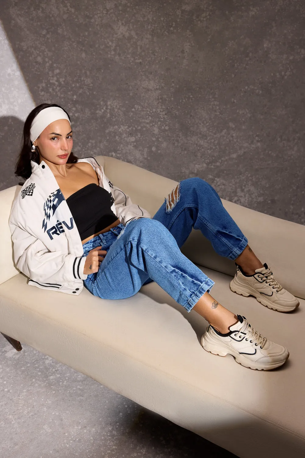 Utility Look Student Outfit Streetwear Fan Mid Blue Ripped Women's Straight Jeans