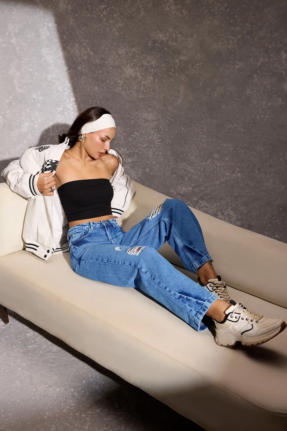 Mid Blue Ripped Women's Straight Jeans Layered Look