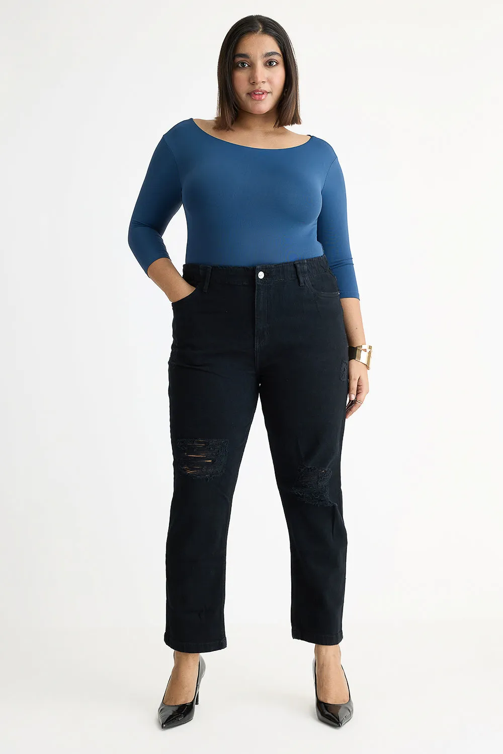 Curve Jet Black Elasticated Distress Slim Jeans Trendy Fit