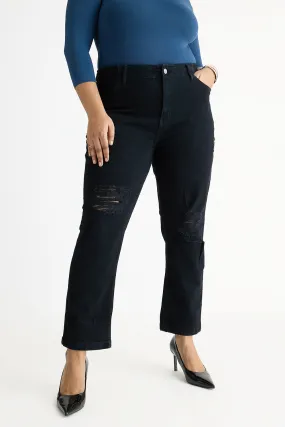 Curve Jet Black Elasticated Distress Slim Jeans Trendy Evening Stroll