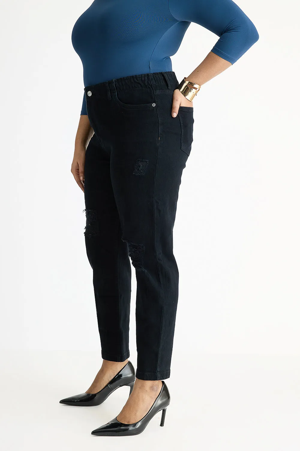 Unisex Wear Classic Professional Wear Sustainable Weekend Getaway Curve Jet Black Elasticated Distress Slim Jeans