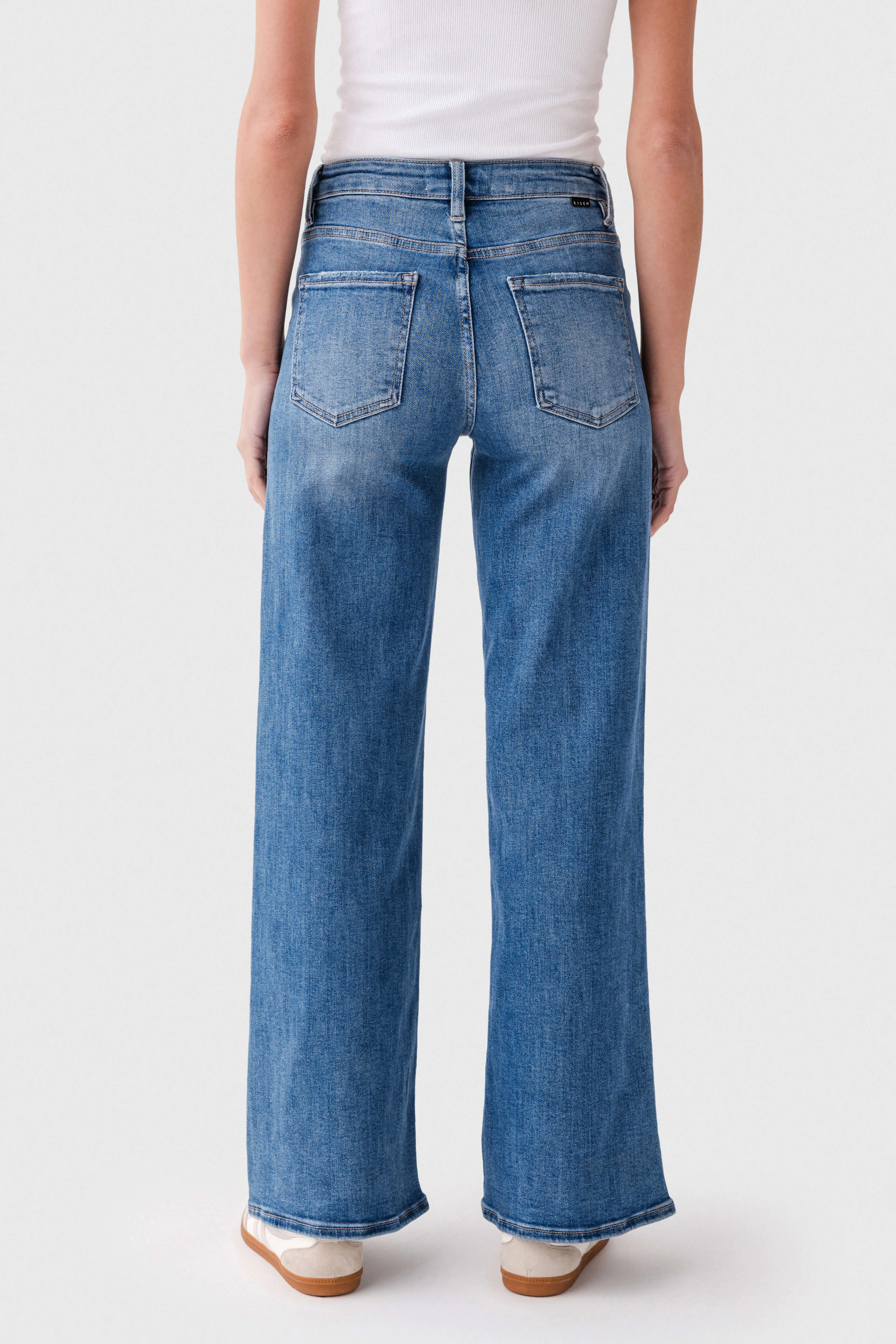 Sandblasted Finish Soft Stretch Risen Zoe High Rise Wideleg Jeans