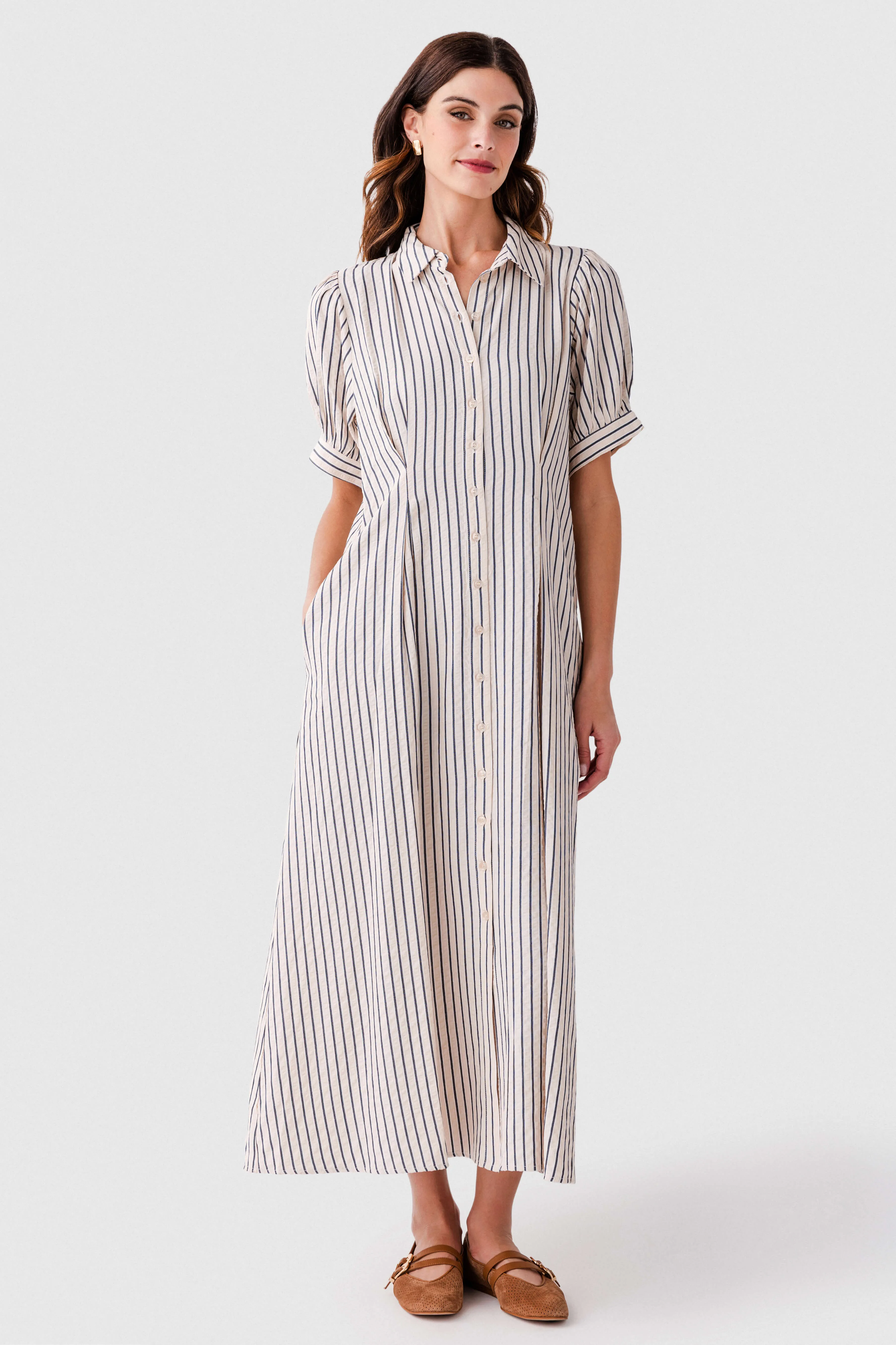 Smart And Comfortable Feminine Vibe Jodifl Striped Pintuck Flare Midi Dress