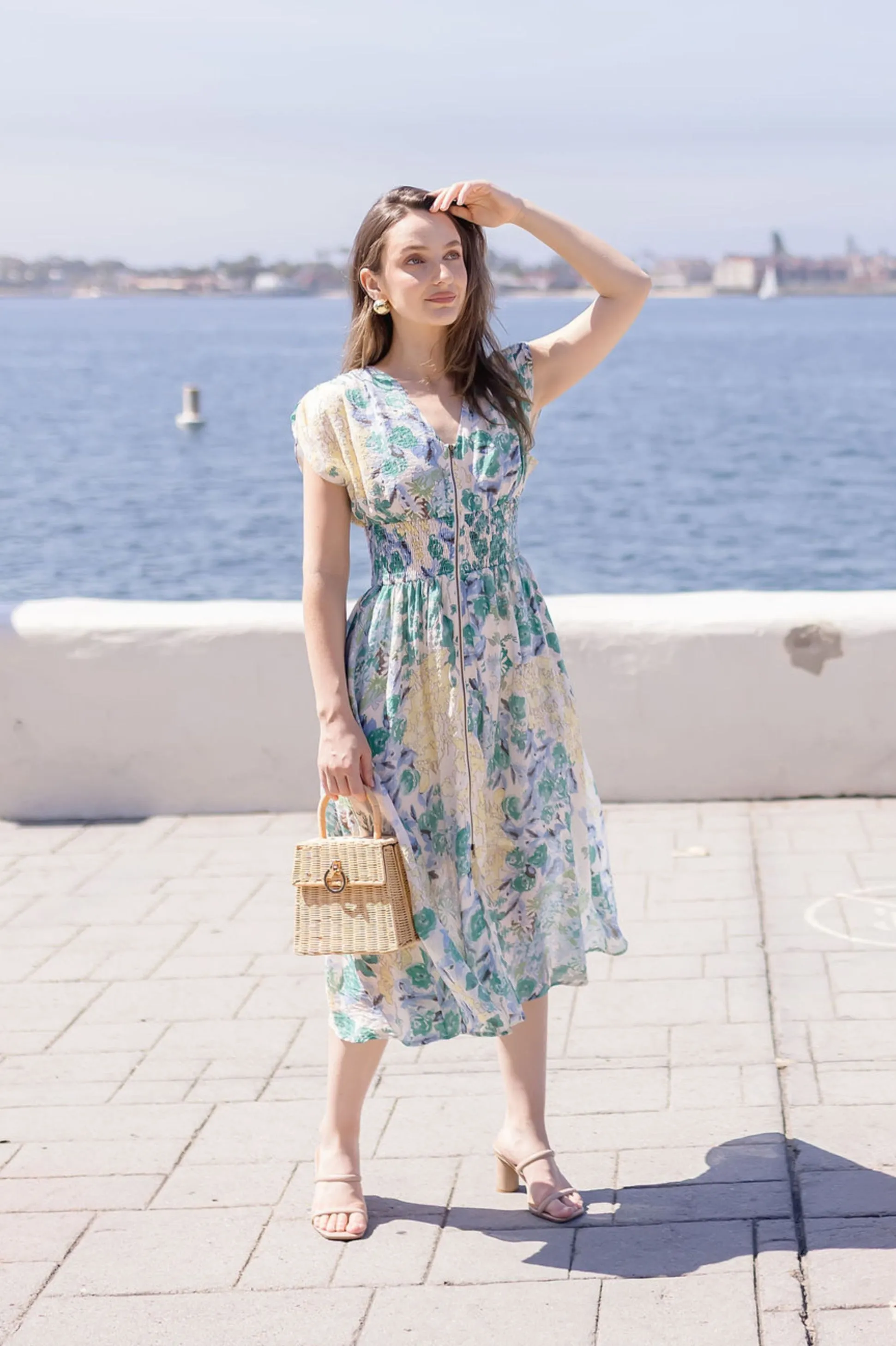 Ruth Cap Sleeve Floral Print Zip Up Midi Dress Ivory Adjustable Straps Comfortable Style