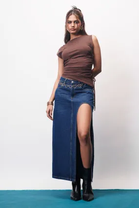 Chic Blue Curved Slit Women's Denim Midi Skirt Soft Palette