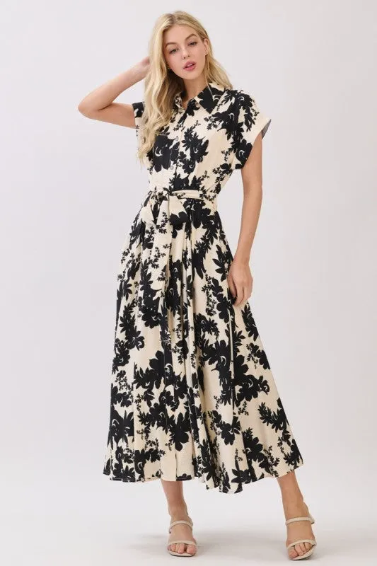 Smart touch Patricia Short Sleeve Waist Tie Floral Print Midi Dress Black