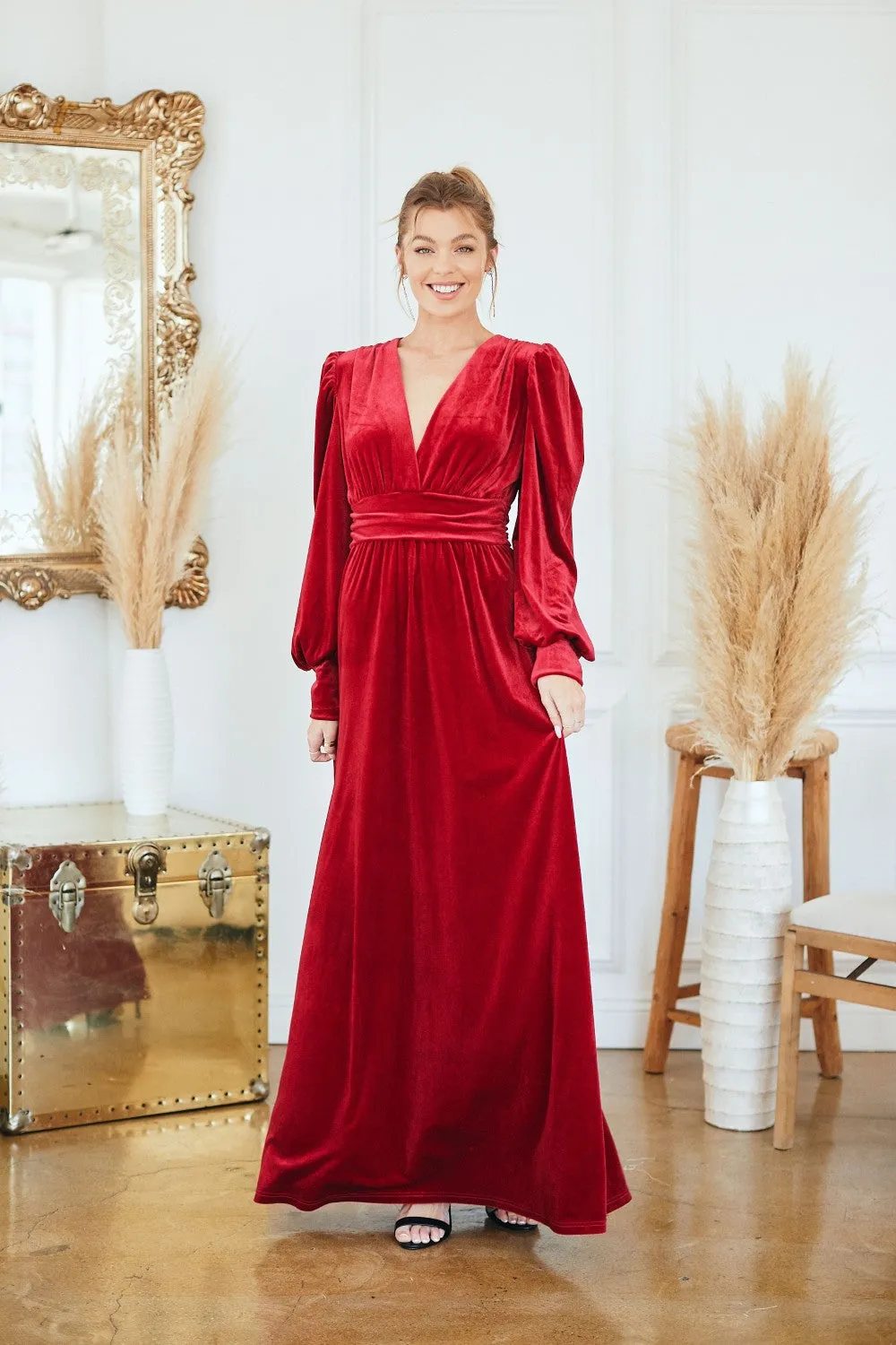 Texture Style Red Velvet Long Sleeve Maxi Dress