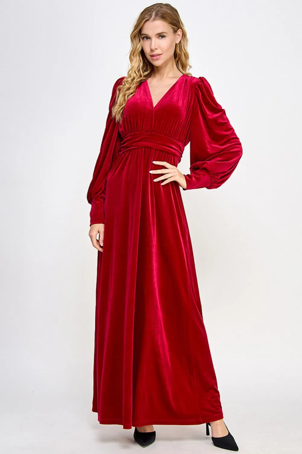Red Velvet Long Sleeve Maxi Dress Smooth Surface