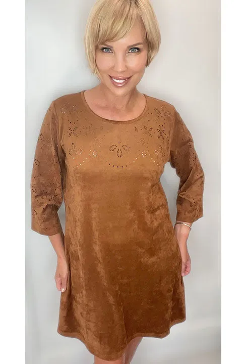 Everyday Look Cognac Brown Knee Length Ultra Suede Dress