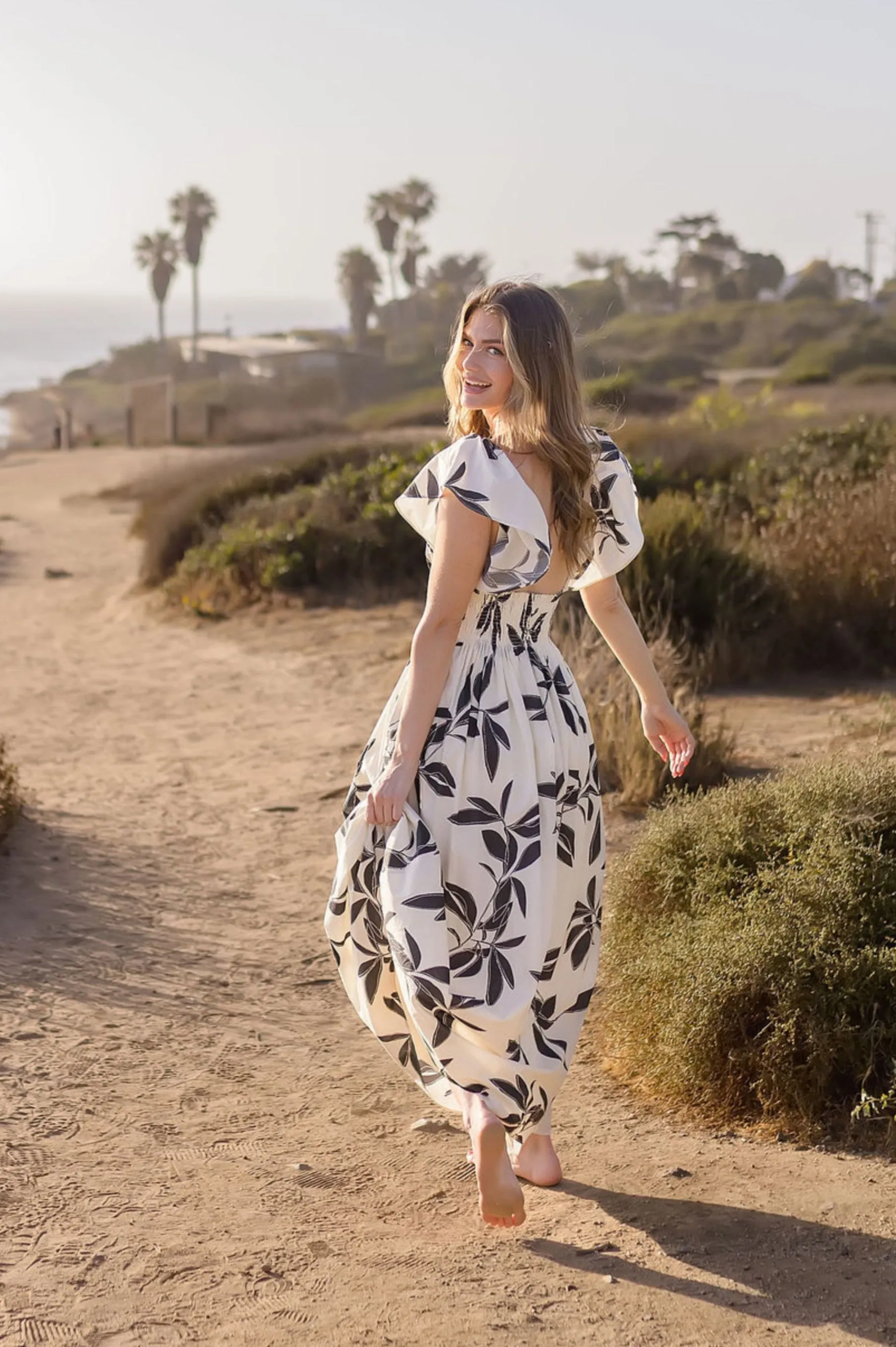 Brisa Ruffle Sleeve Floral Print Midi Dress Cream Draped-Style