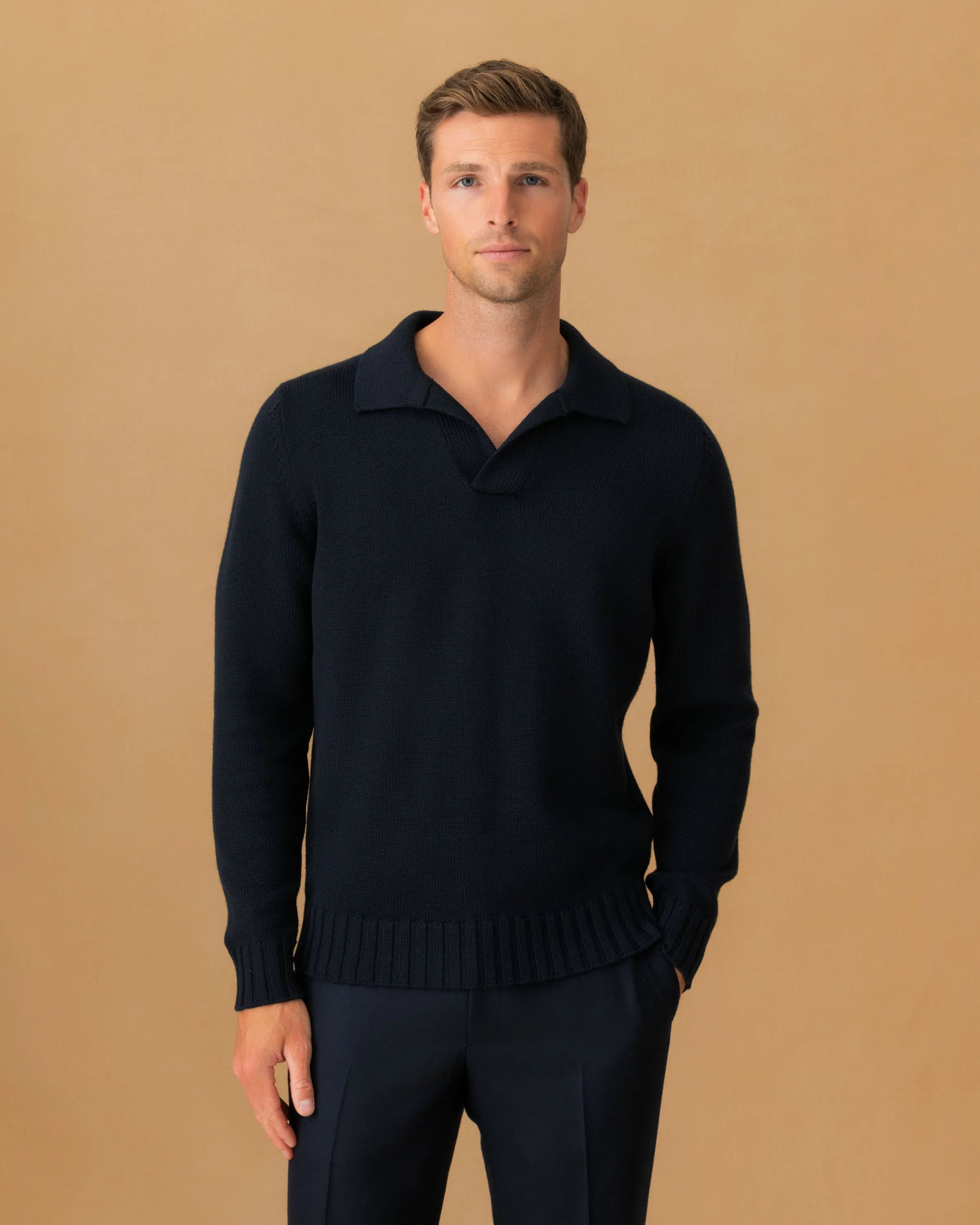 Virgin Wool Long Sleeve Skipper Polo Shirt skin friendly