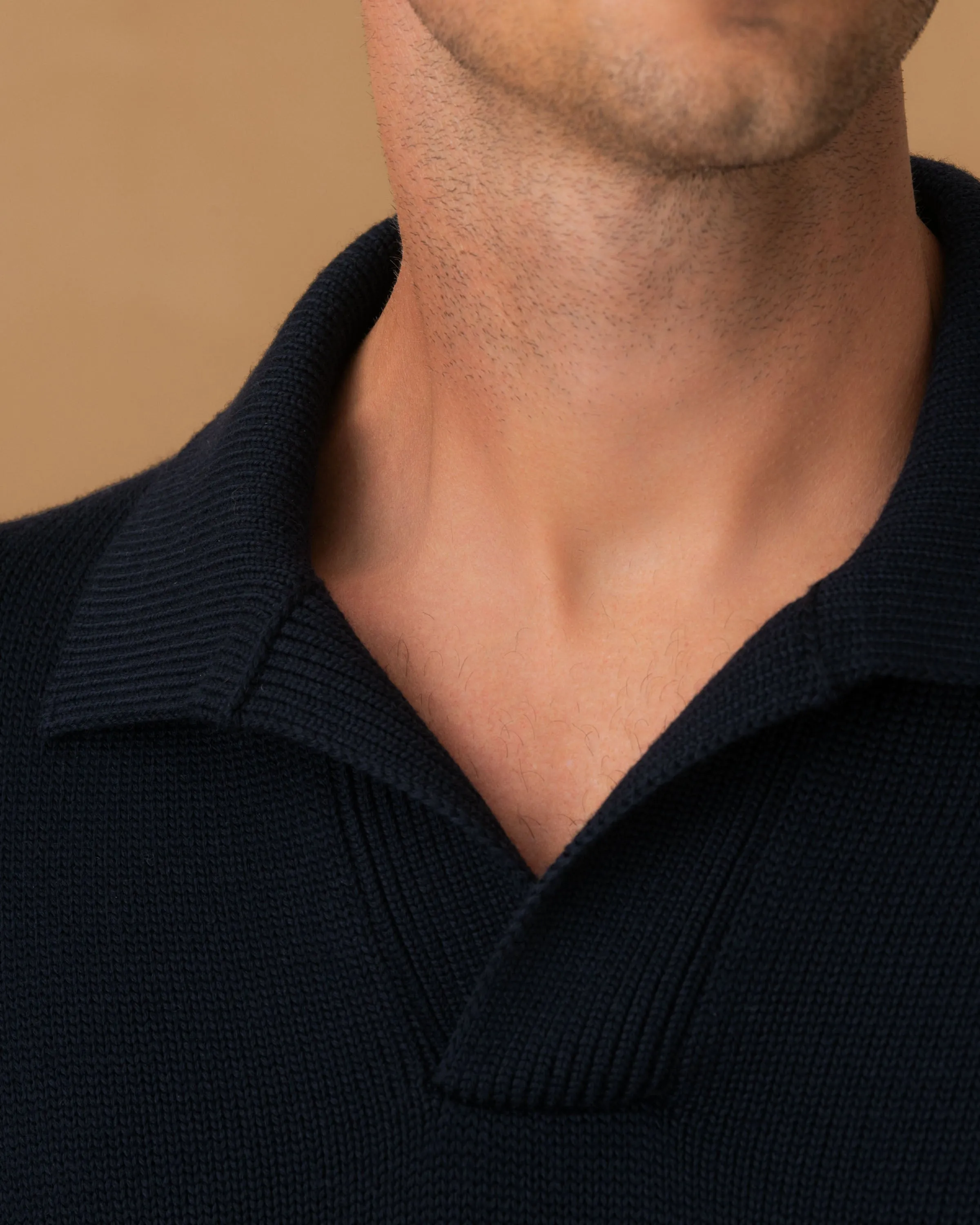 Polo Neckline Ventilated Mesh Panels Virgin Wool Long Sleeve Skipper Polo Shirt