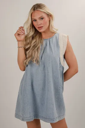 FINAL SALE - Nothing Compares Denim Lace Mini Dress Sheer Look Timeless Energy