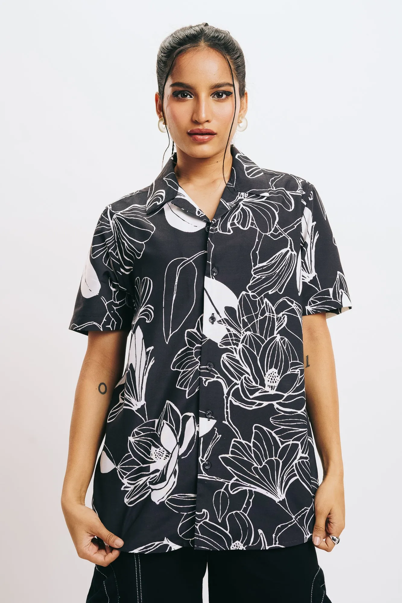 Layered Sleeve Cuffs Women's Abstract Floral Shirt