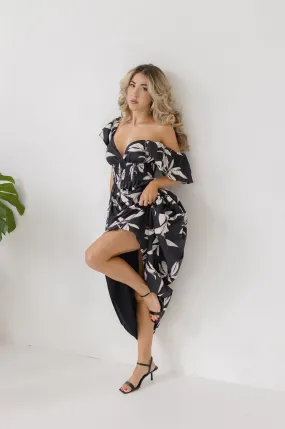 MoldResistantTexture Brisa Ruffle Sleeve Floral Print Midi Dress Black