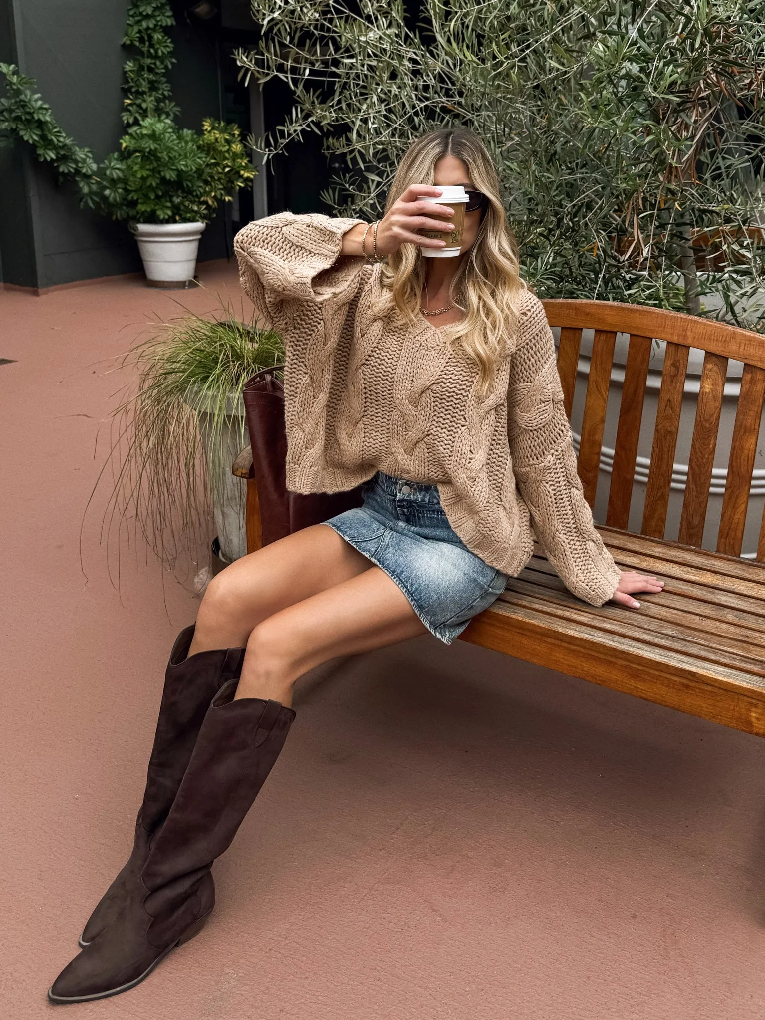 Fashion Hoodie Chicago Cable Knit Sweater in Taupe