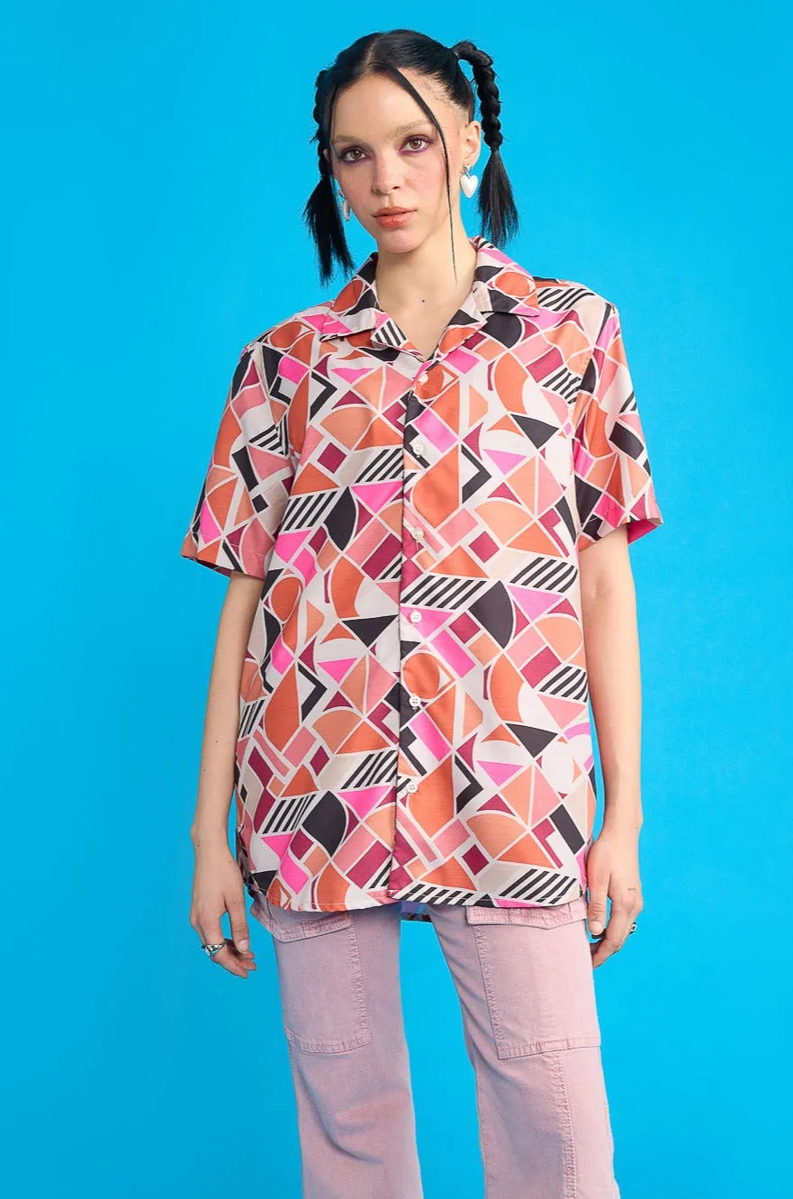 Mesh Insert Geometric Print Women's Resort Shirt