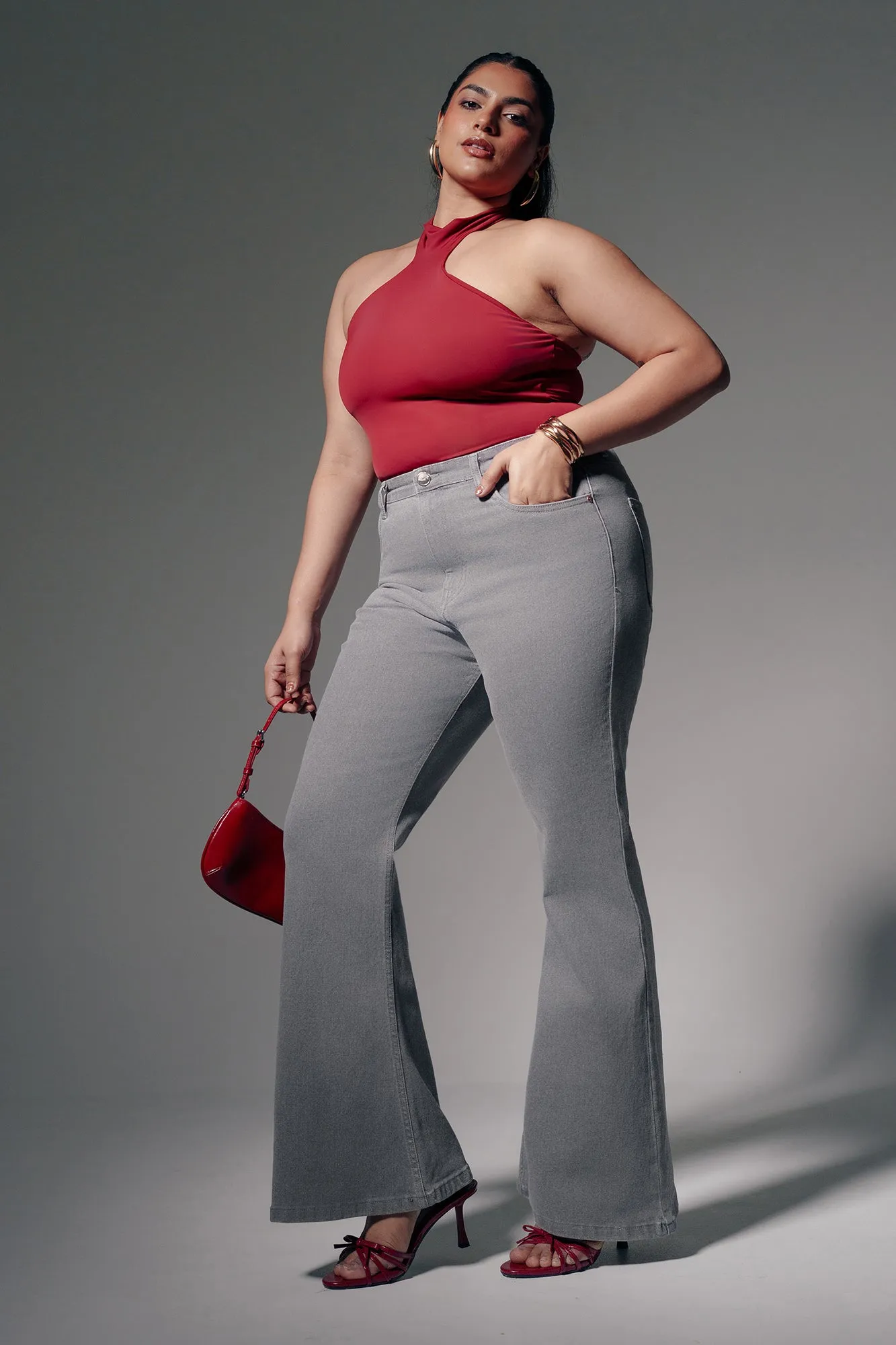 Curve Soft Grey Bootcut Jeans Morning Stroll Stretch Selvedge Detailing