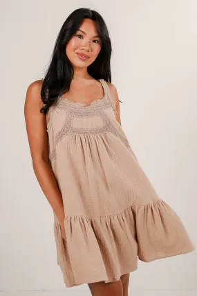 FINAL SALE - Future Endeavors Taupe Linen Lace Mini Dress relaxed elegance Mood Edge