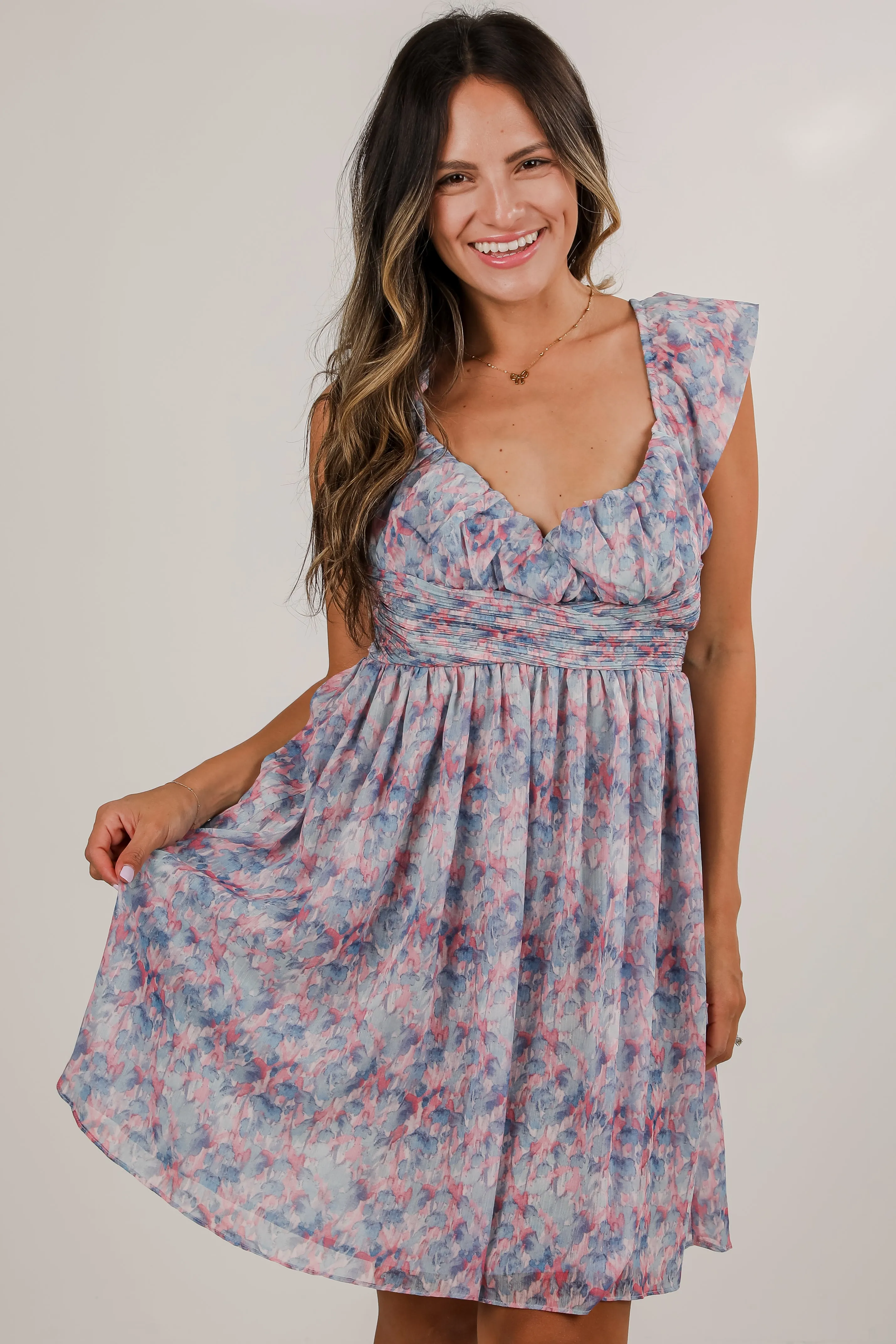 FINAL SALE - Confidently Charismatic Blue Floral Mini Dress Fall Flow Earthy Hue