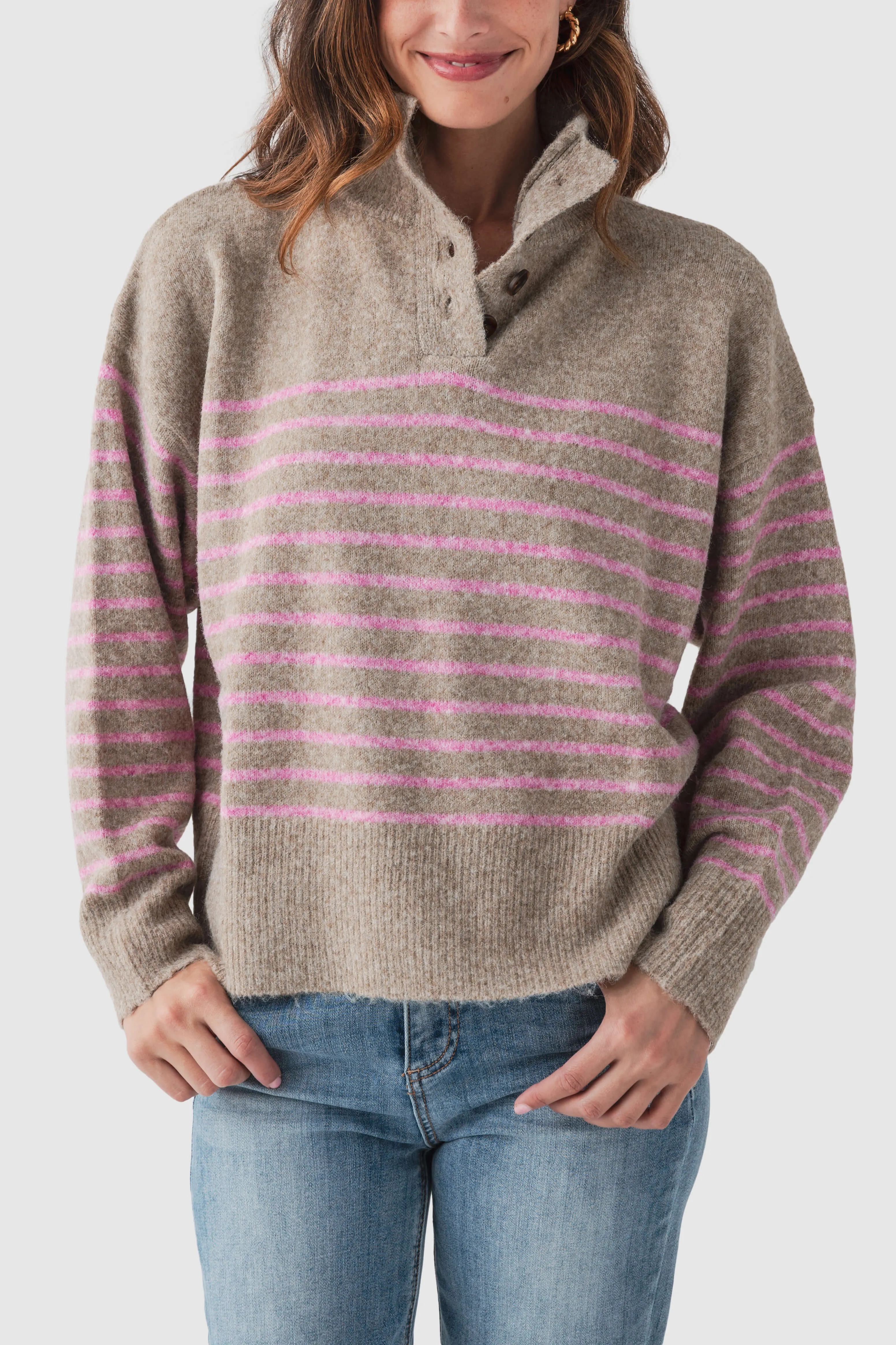 Wishlist Stripe 1/2 Button Pullover Outdoor Chic Comfy Hoodies