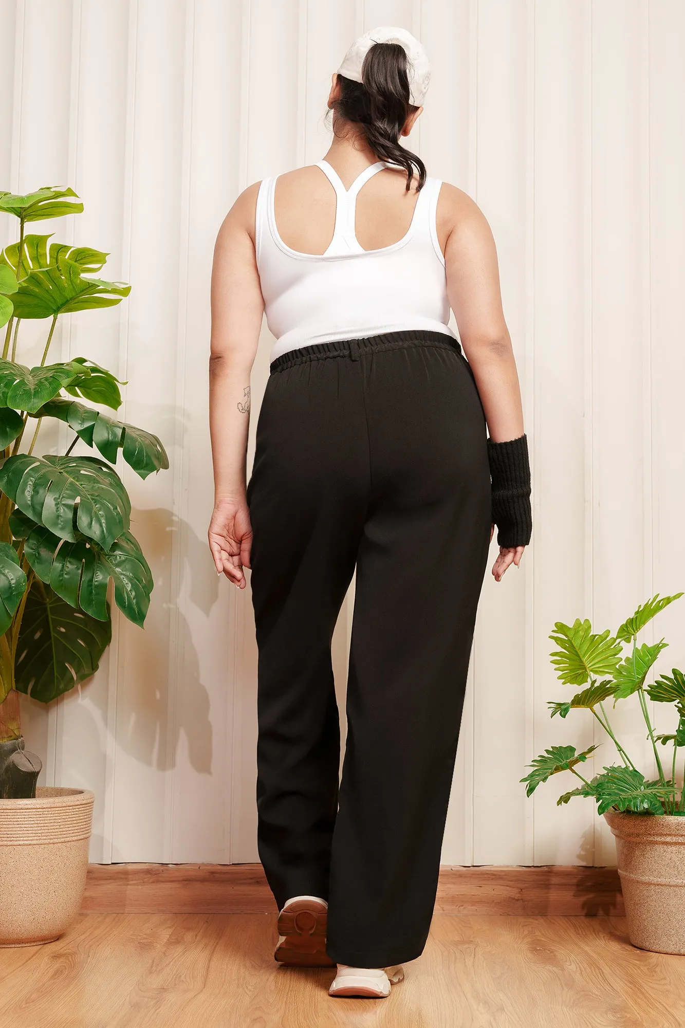 Relax Fit Design Curve Badass Black Pleated Straight Korean Pants