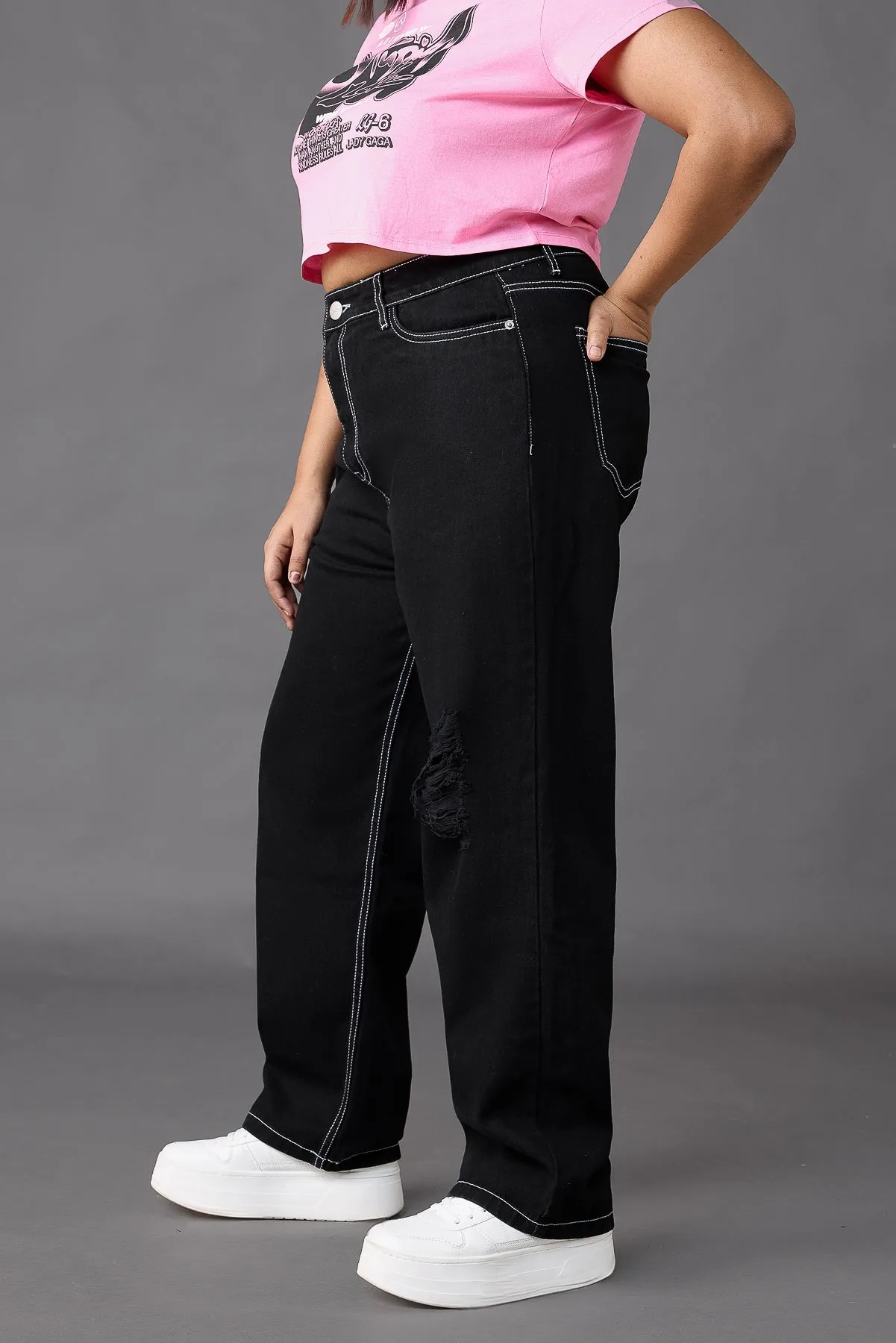 Durable Streetwear Fan Premium Curve Black Distress Straight Jeans