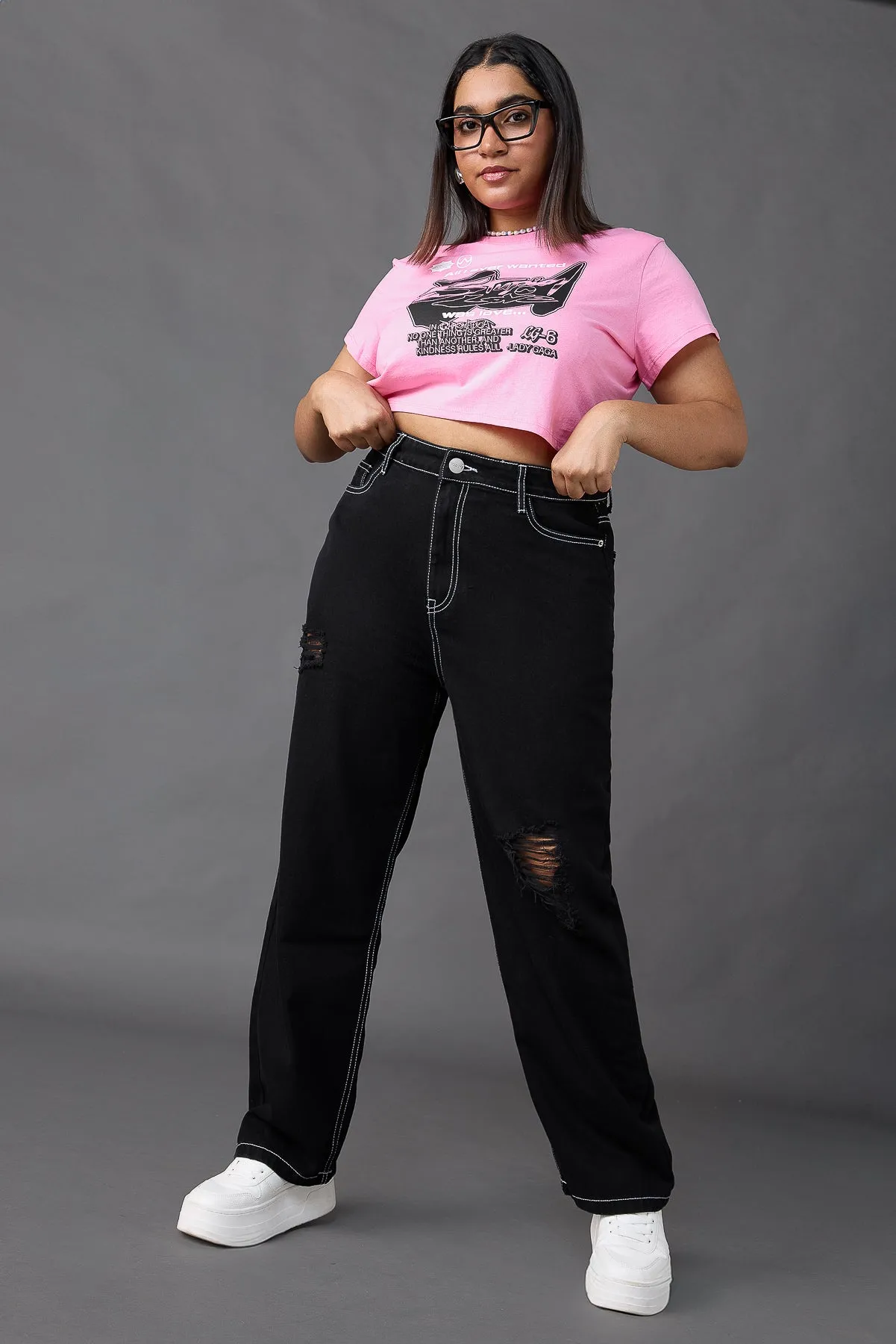 Timeless Match Casual Solution Curve Black Distress Straight Jeans