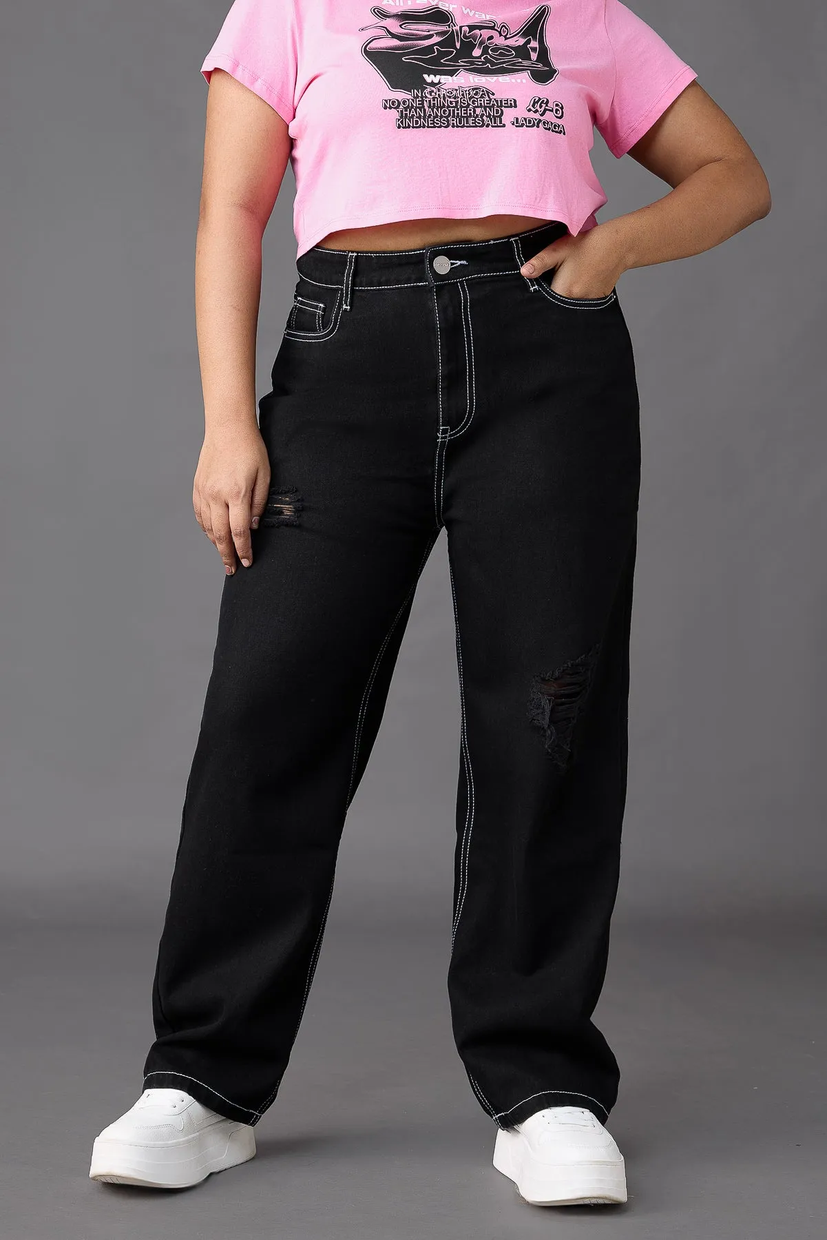 Curve Black Distress Straight Jeans Morning Stroll Fashion Lover Anywhere Fit