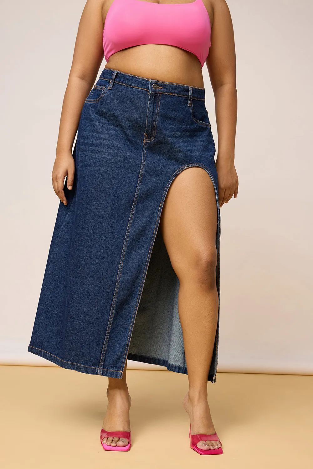 Curve Blue High Curved Slit Cut Midi Skirt Stylish Choice