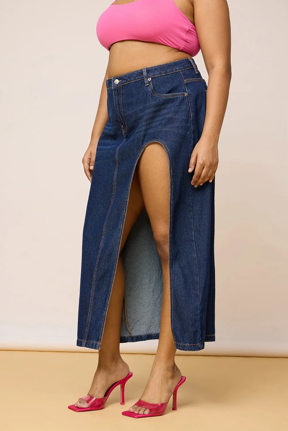 Curve Blue High Curved Slit Cut Midi Skirt Water Repellent Finish Chic Fit