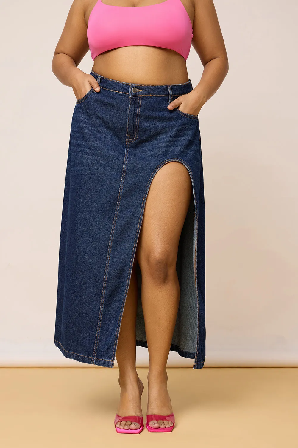 On-The-Go Outfit Curve Blue High Curved Slit Cut Midi Skirt