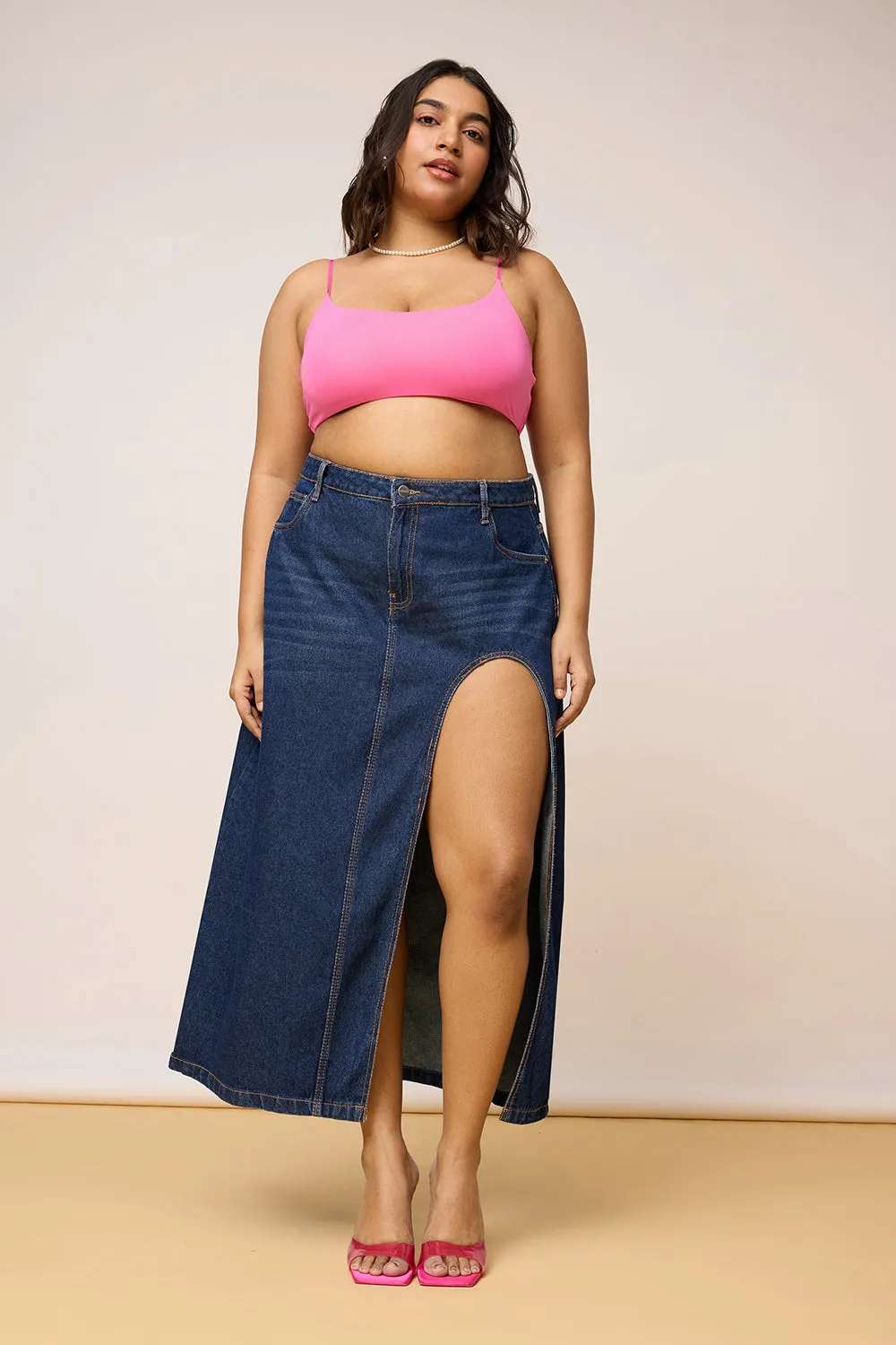 Flexible Comfort Curve Blue High Curved Slit Cut Midi Skirt