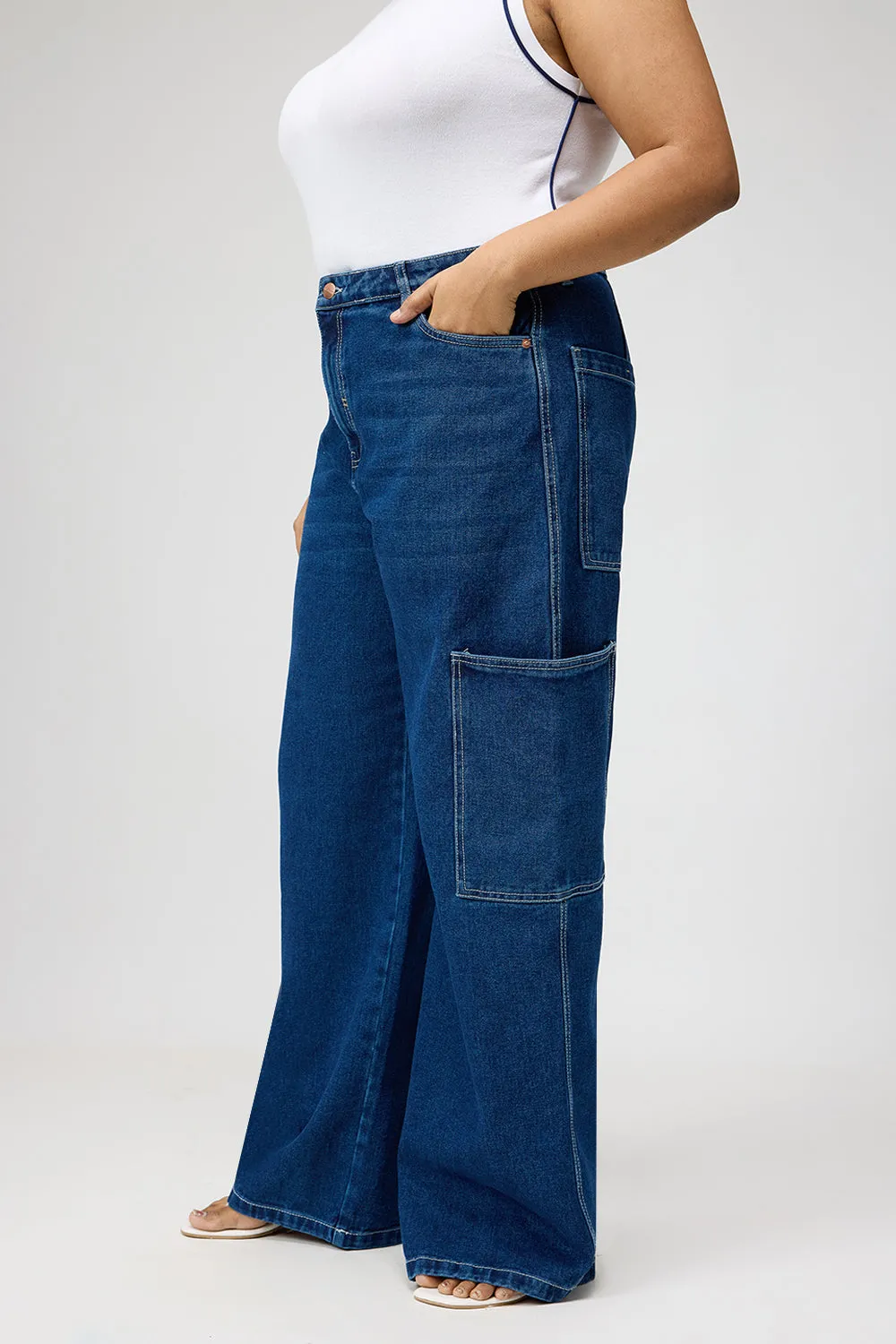 Minimal Aesthetic Curve Blue Pintuck Straight Cargo Pants