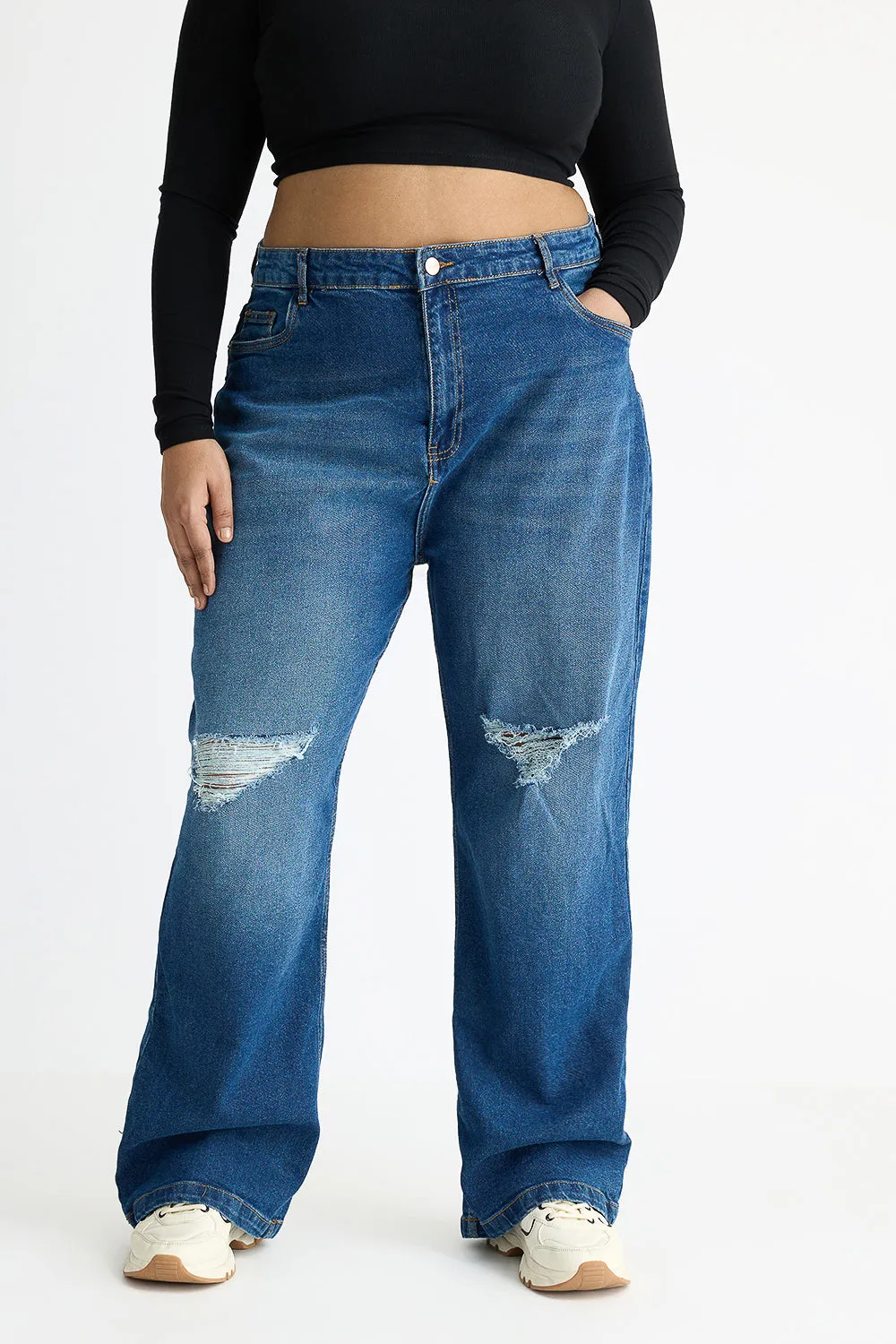 Curve Carbon Blue Knee Distressed Wide Jeans Easy Essentials