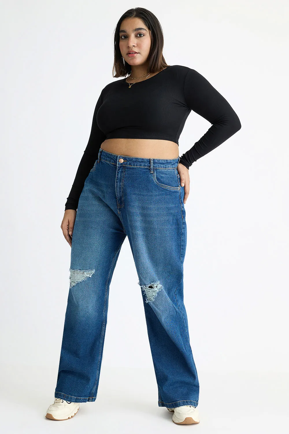 Street Cool Curve Carbon Blue Knee Distressed Wide Jeans