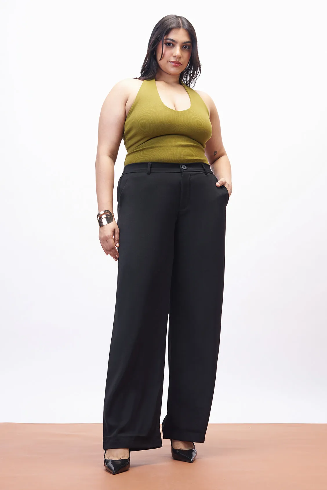 Essential Wear Curve Essential Black Elasticated Straight Korean Pants
