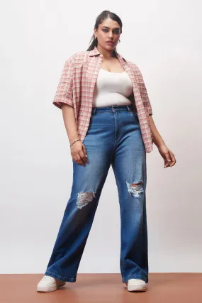 Curve Everyday Blue Knee Distressed Wide Jeans Slim Silhouette Suitable Fit