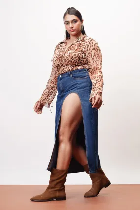 Curve Indigo Sleek High Curved Slit Midi Skirt City Style