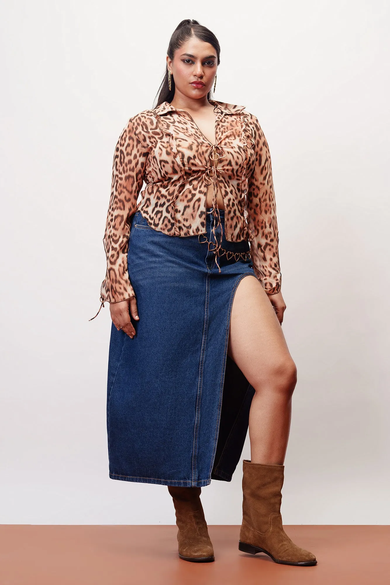 Clean Lines Curve Indigo Sleek High Curved Slit Midi Skirt