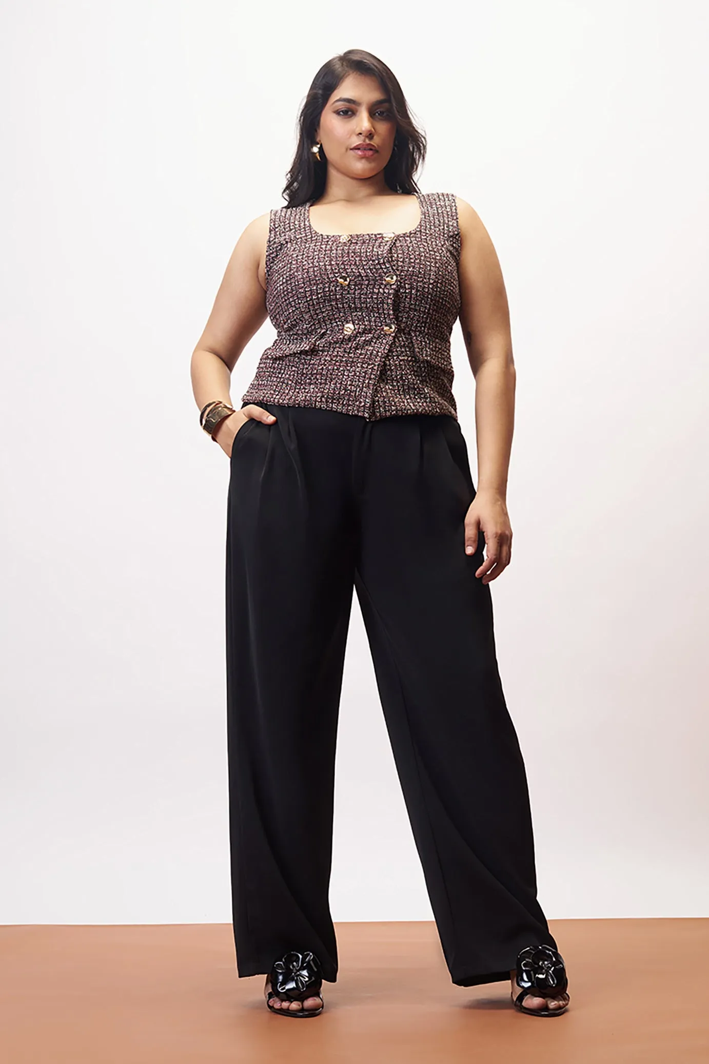 Curve Pure Black Pleated Straight Korean Pants Minimal Cut Active Wear