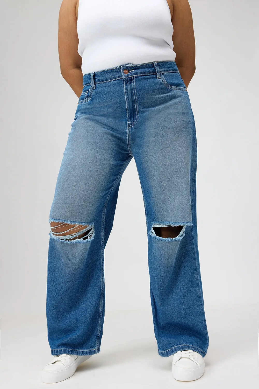 Curve Urban Blue Ripped Wide Jeans Comfy Tailoring