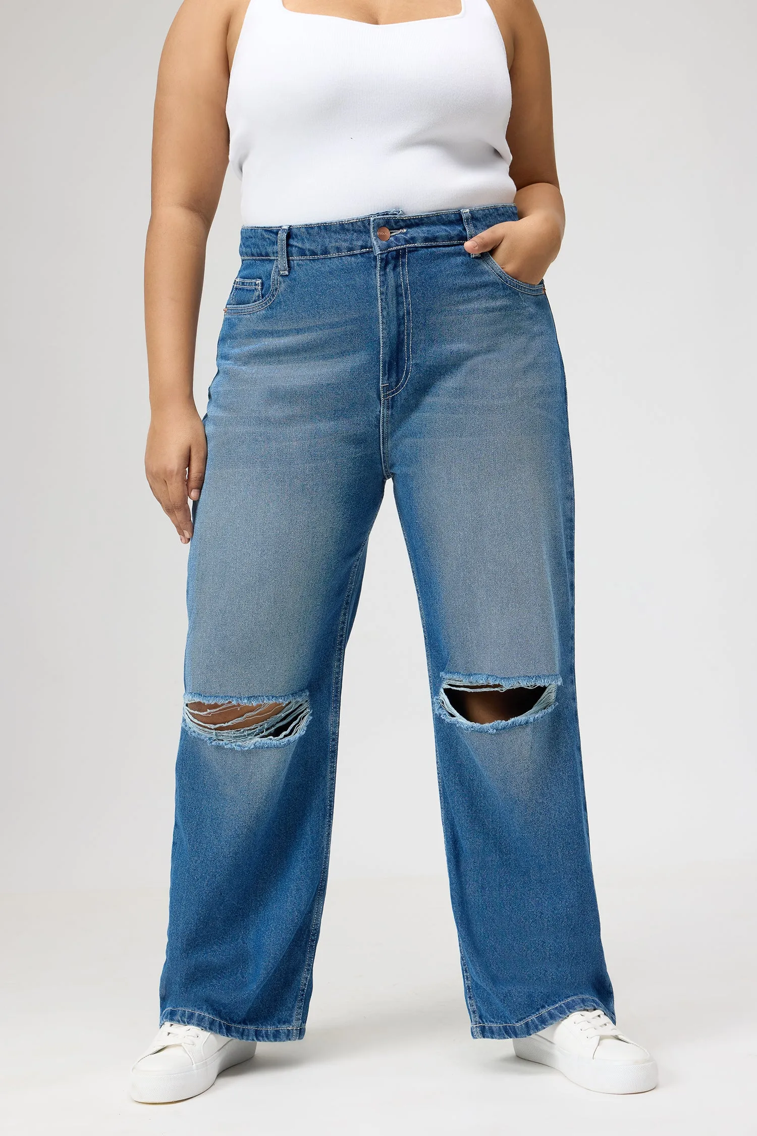 Non Restrictive Cut Smooth Breathable Curve Urban Blue Ripped Wide Jeans