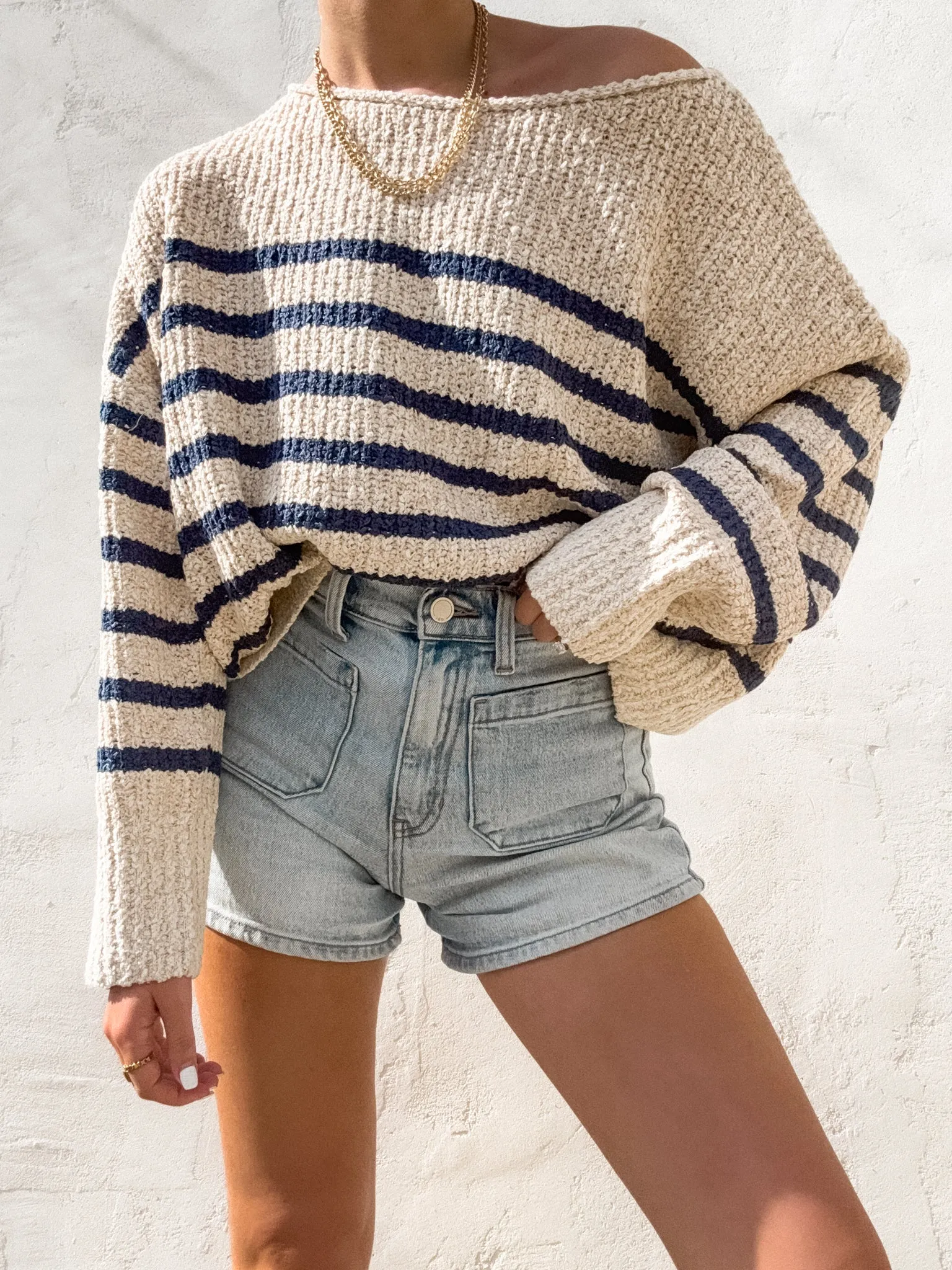 Classic Relaxed Scoop neck Rowan Stripe Knit Sweater in Navy