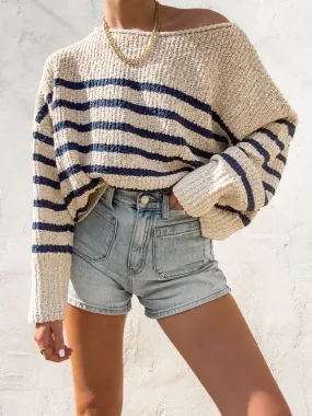Classic Relaxed Scoop neck Rowan Stripe Knit Sweater in Navy