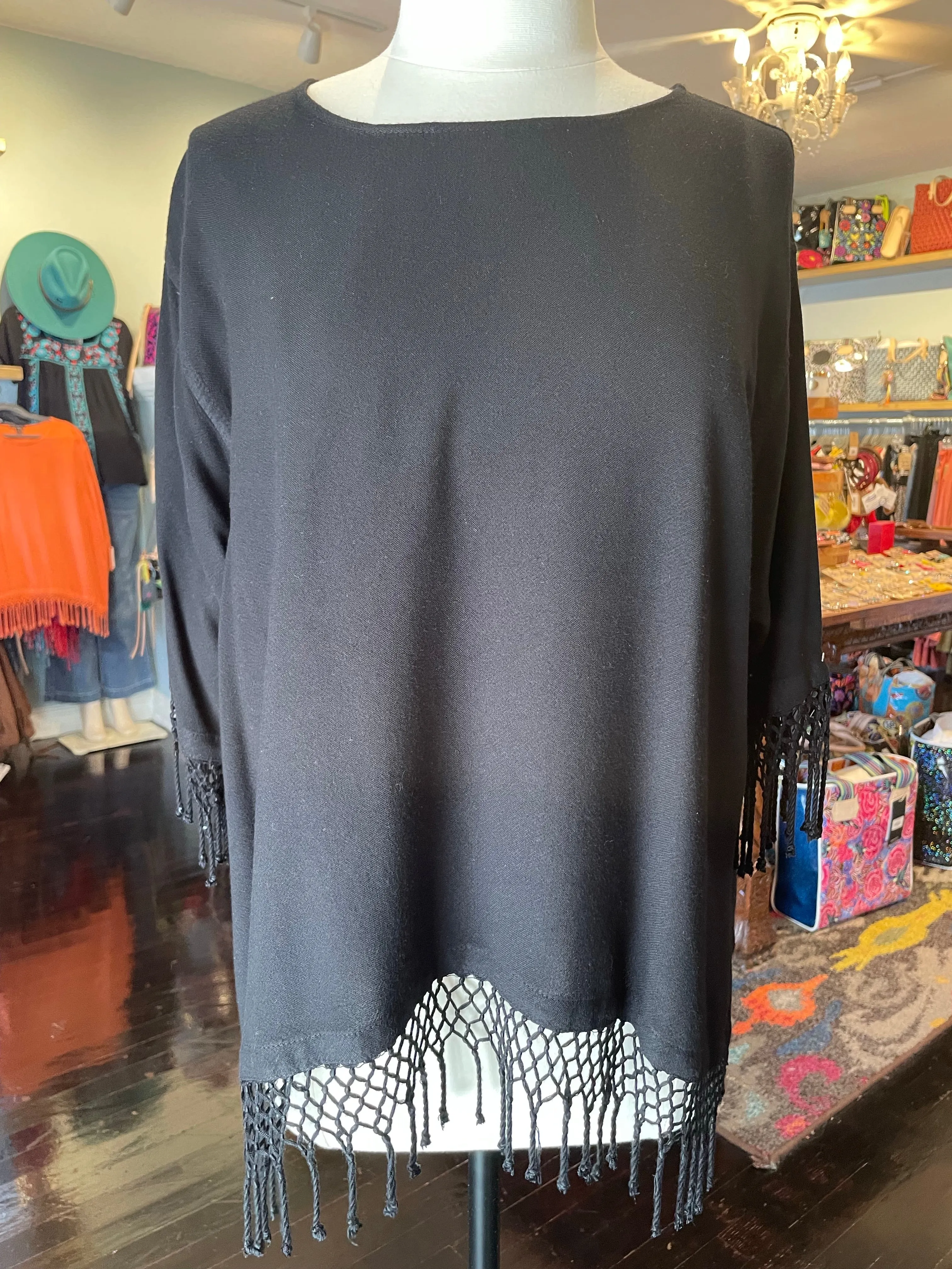 Dairi Round Neck Solid Top w/ Fringe Tencel Cotton Hybrid Weave