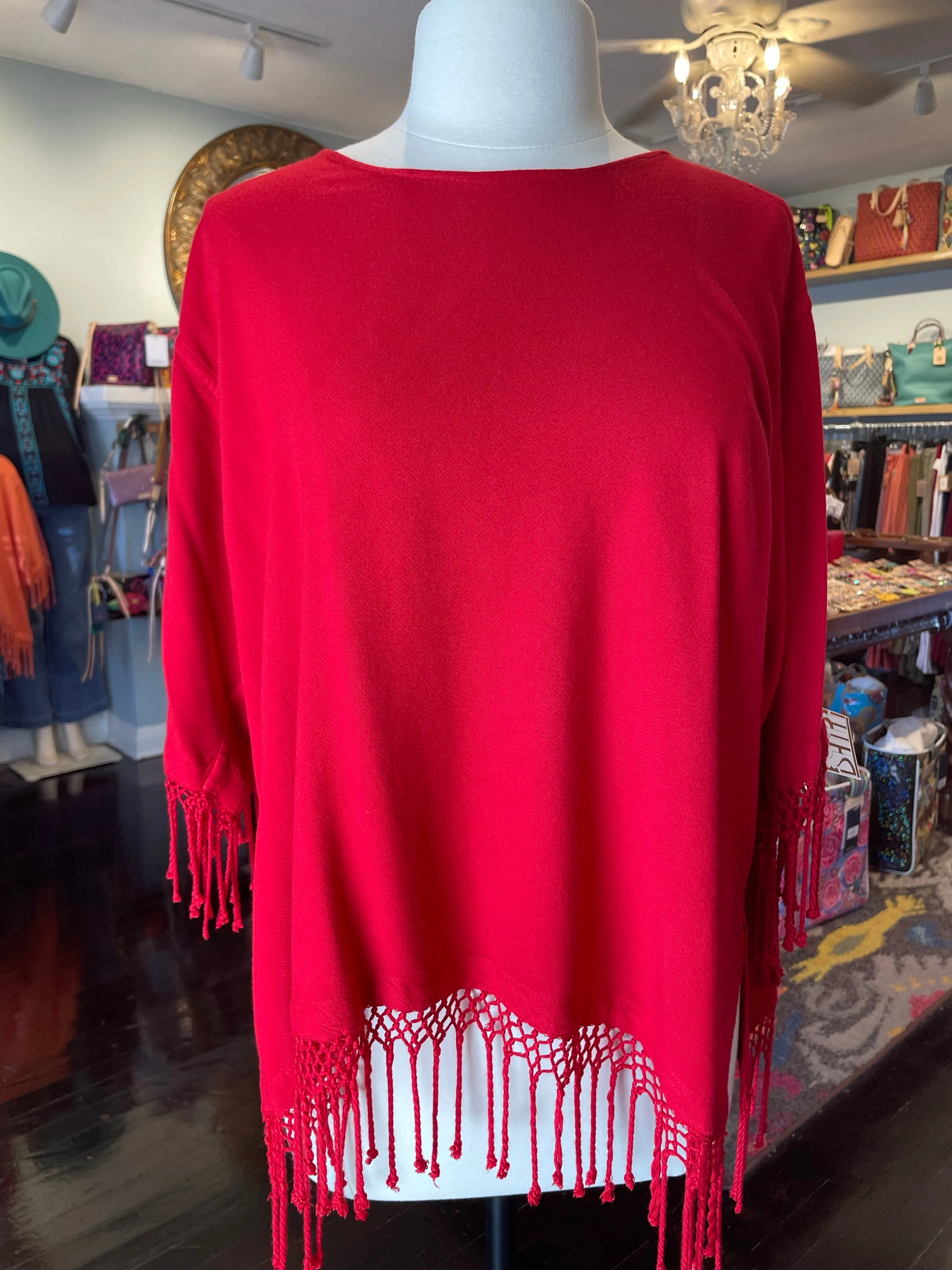 Brushed Inner Layer Dairi Round Neck Solid Top w/ Fringe