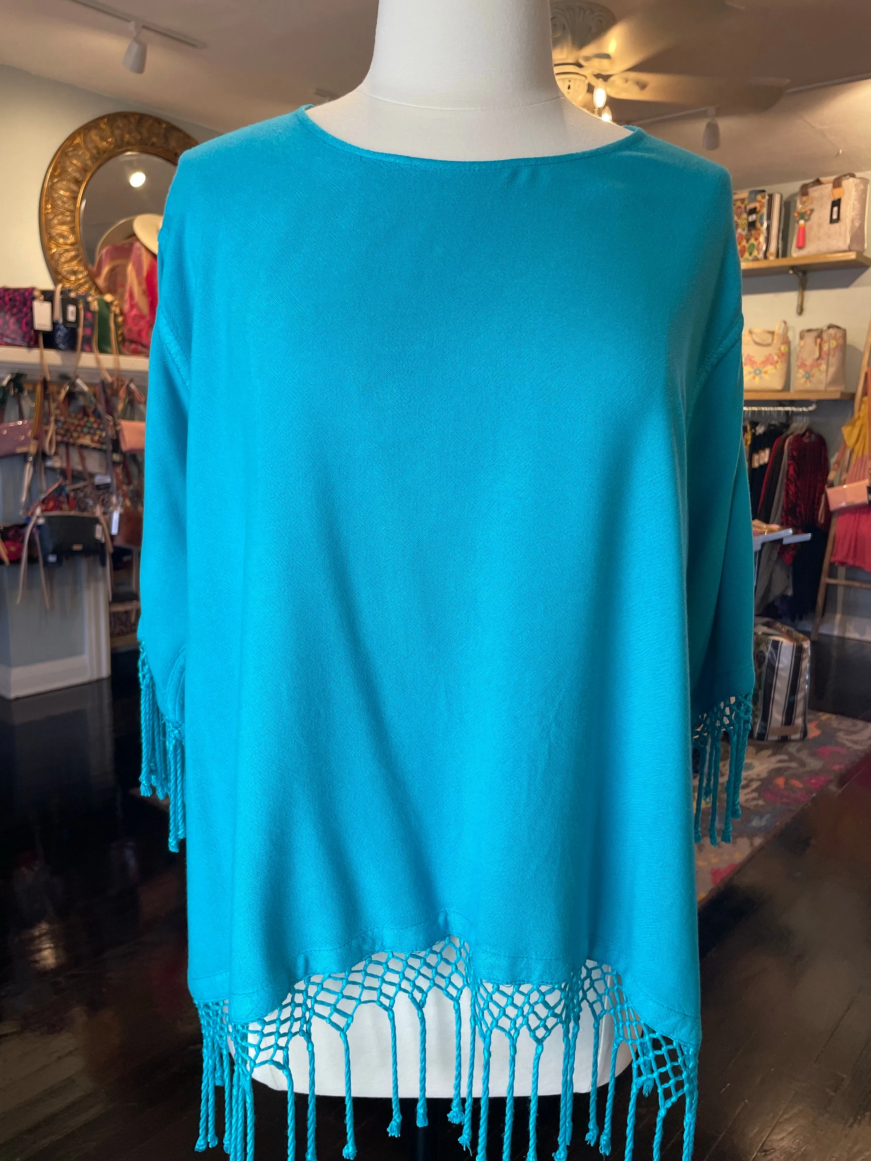 Interlock Stitching Dairi Round Neck Solid Top w/ Fringe