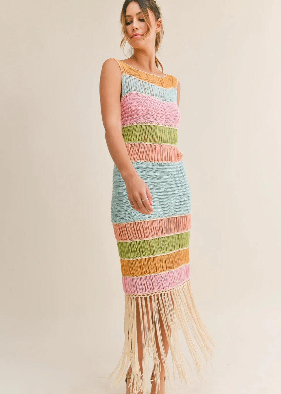 Ankle-length Gentle Aesthetic DAISY FRINGED CROCHET KNIT DRESS